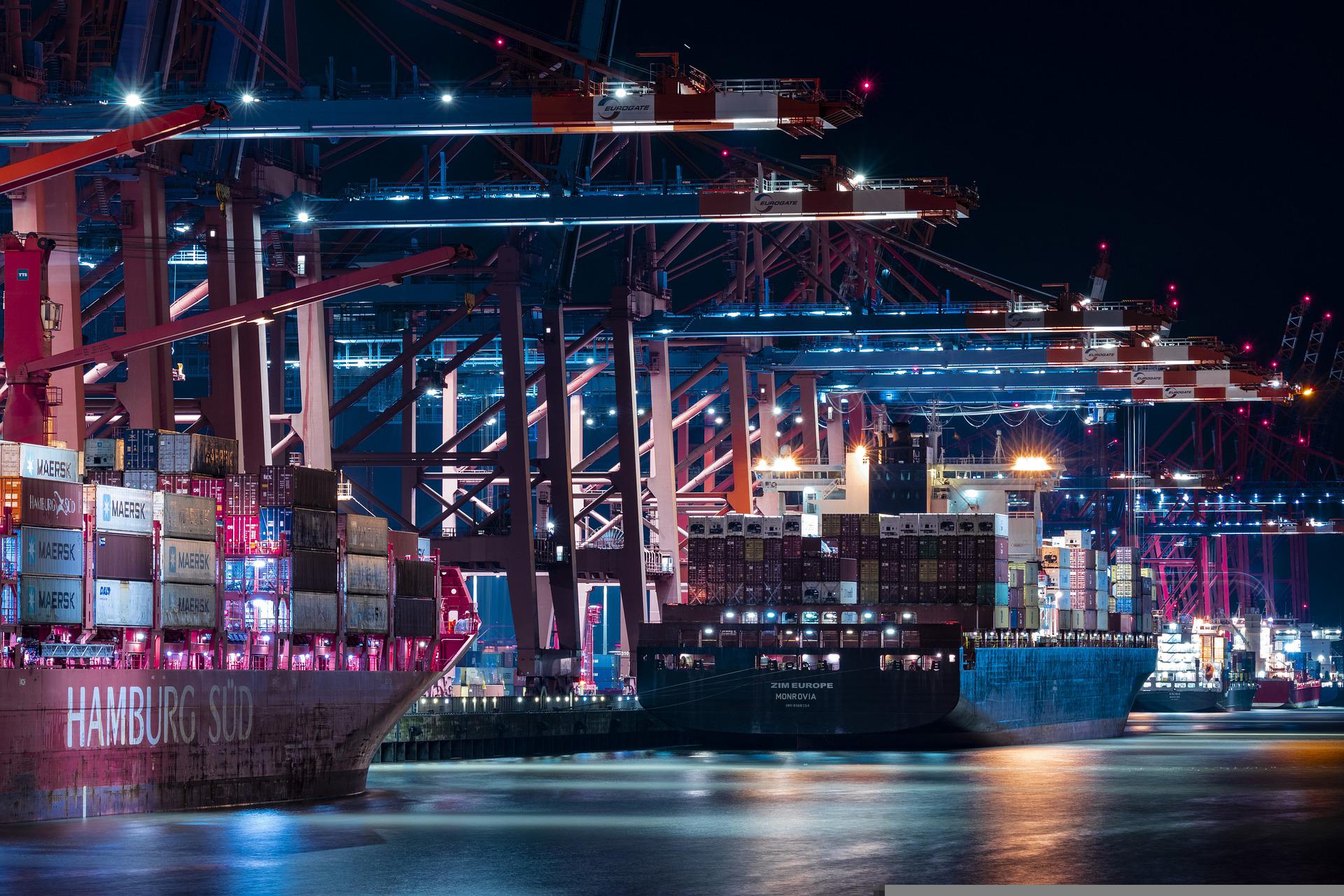 Container shipping hub at night