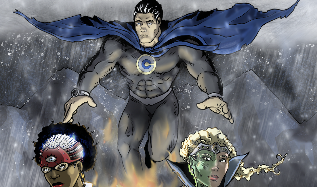 Illustration of three corporate crusader superheroes