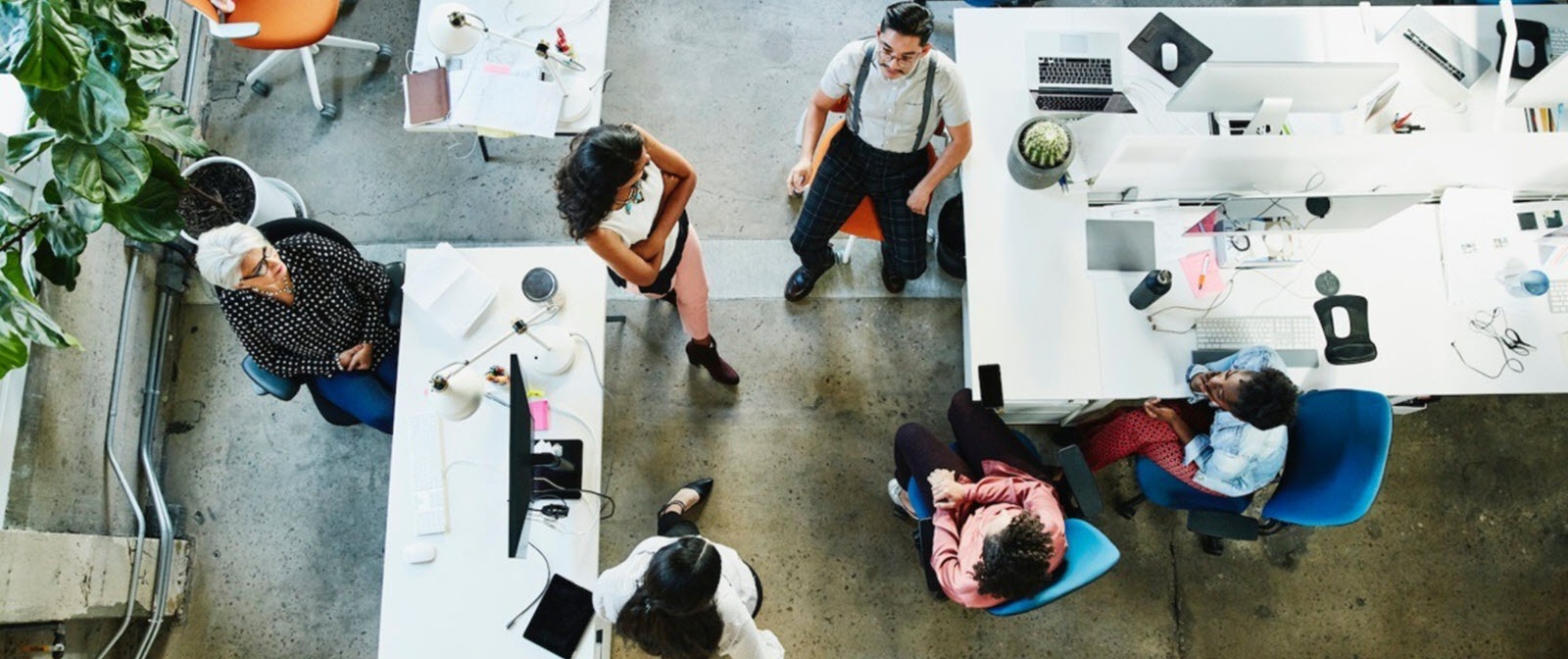 Aerial view of workers sitting in office facing each other